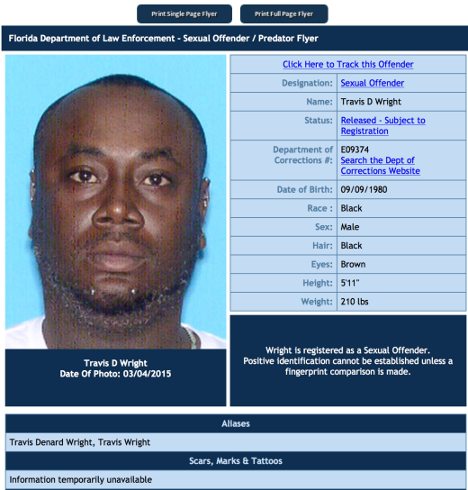 Travis Denard Wright - Photo Credit Florida Dept of law enforcement predator list 