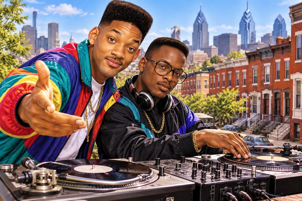 AI illustration of a rapper and DJ in late-80s Philadelphia