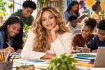 AI illustration of a woman with students in a classroom