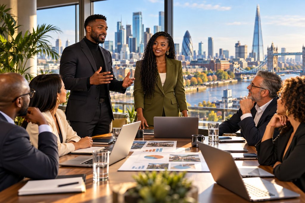 Illustration of a business meeting overlooking the London skyline