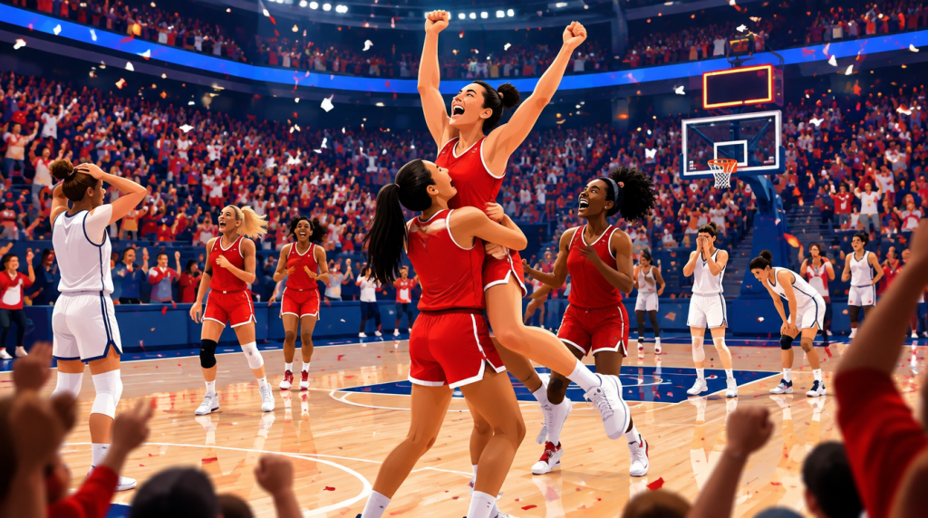 Illustration of a women's basketball team celebrating an overtime win in a packed arena