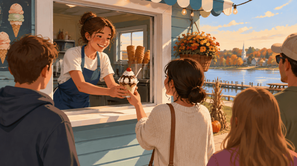 Illustration of a teen worker handing a sundae through an ice cream stand window