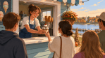 Illustration of a teen worker handing a sundae through an ice cream stand window