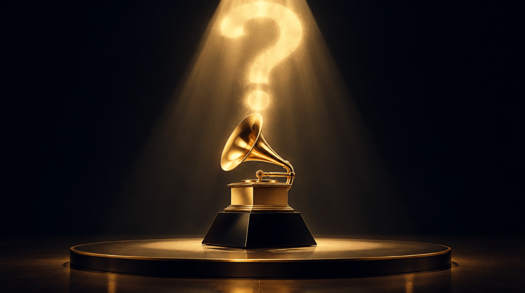 Illustration of a golden music award trophy under a spotlight