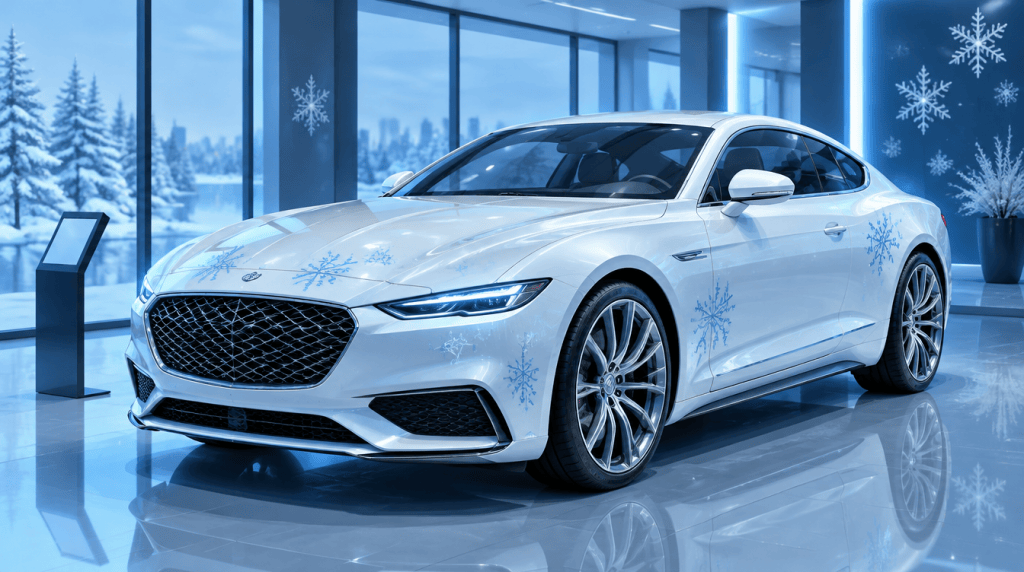 Illustration of a white luxury car with snowflake details in a showroom