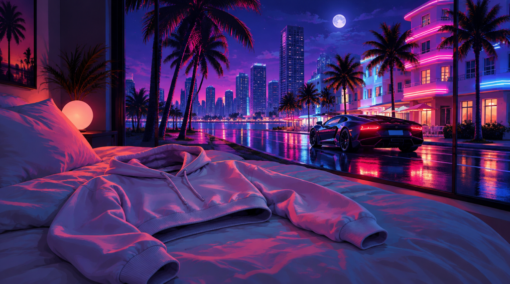 Illustration of a neon-lit city street at night with palm trees and a sports car