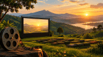 Illustration of green hills at golden hour with an outdoor cinema screen and film reel