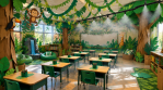 Illustration of an elementary school classroom decorated like a jungle