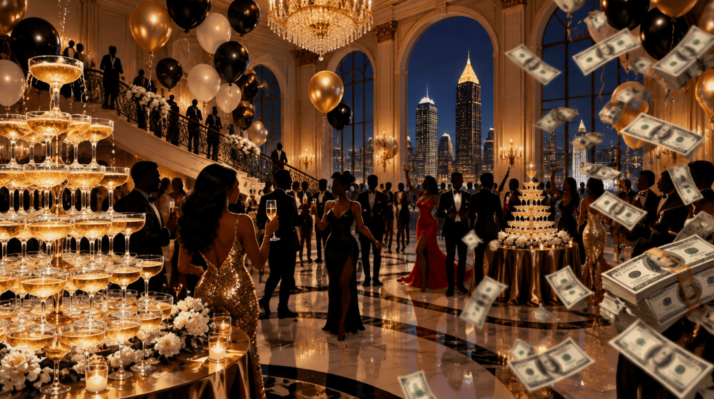 Illustration of a glamorous mansion party with champagne towers and cash flying away