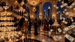 Illustration of a glamorous mansion party with champagne towers and cash flying away