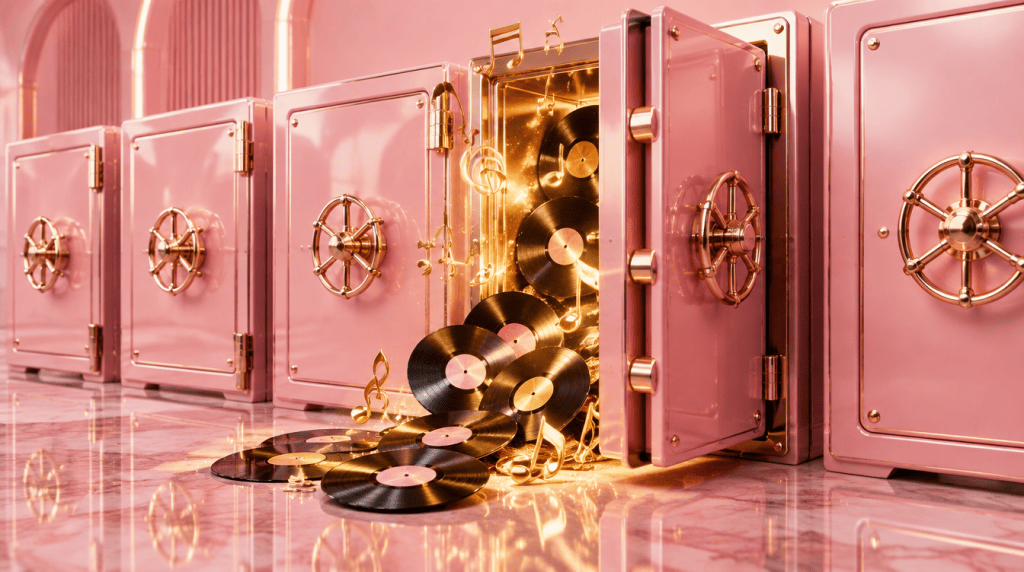 Illustration of pink vault safes with music notes and vinyl records spilling out
