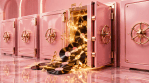 Illustration of pink vault safes with music notes and vinyl records spilling out