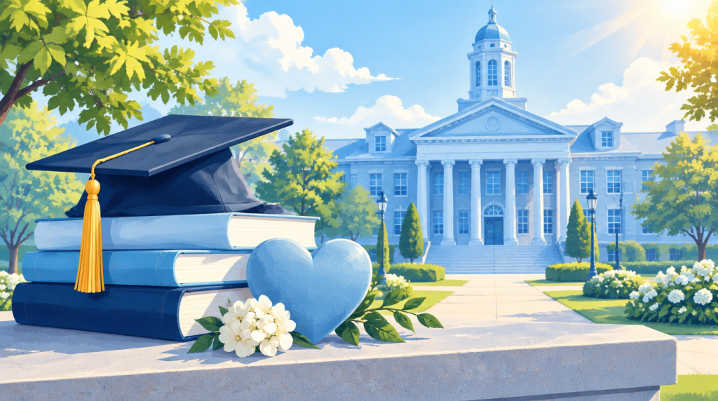 Illustration of a university building with a graduation cap, heart and books