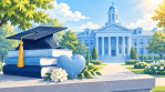 Illustration of a university building with a graduation cap, heart and books