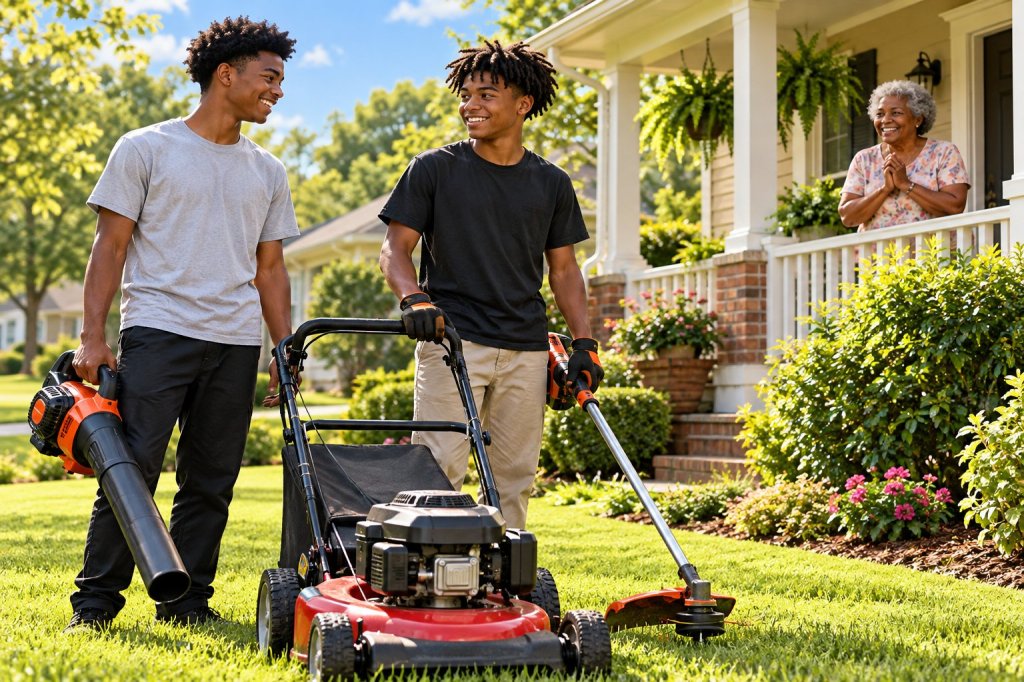 Illustration of two teens with lawn equipment in front of a neighbor's home