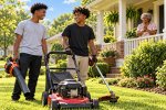 Illustration of two teens with lawn equipment in front of a neighbor's home