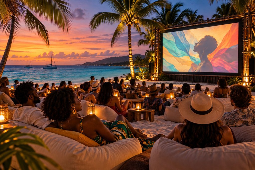 Illustration of an open-air film screening on a beach at sunset