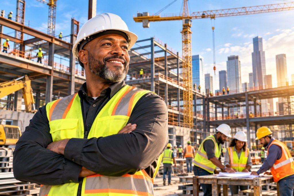 Illustration of a construction leader at a building site